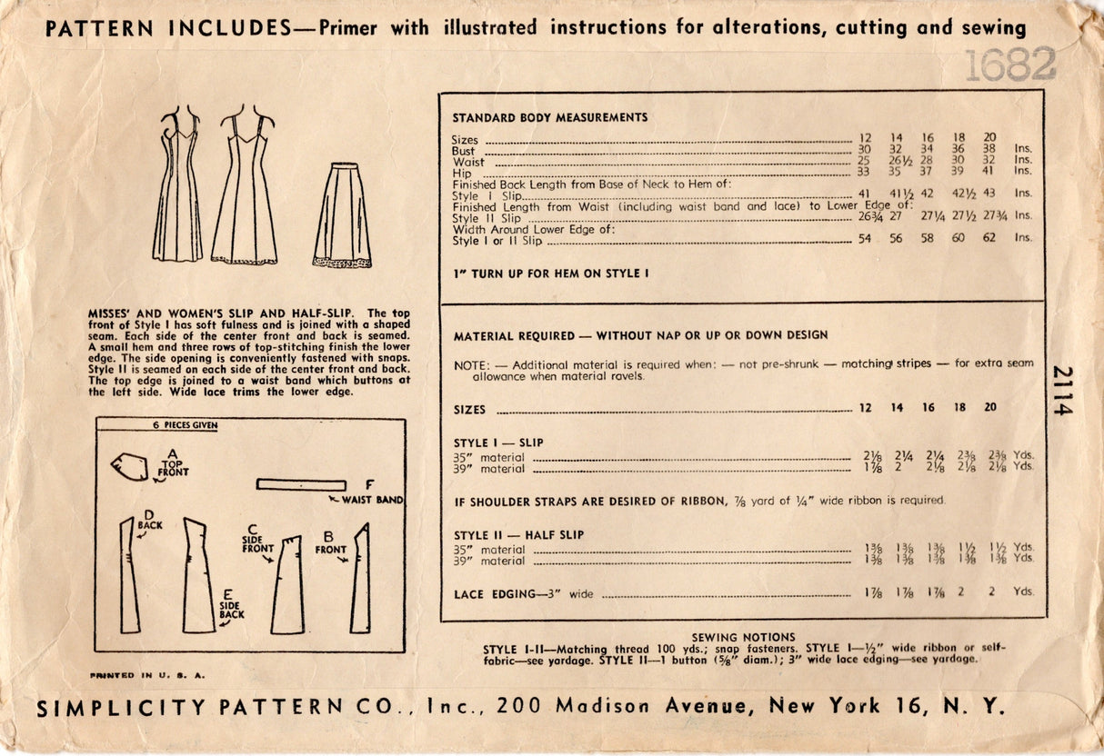 1940's Simplicity Half Slip Pattern - Bust 32" - No. 2114