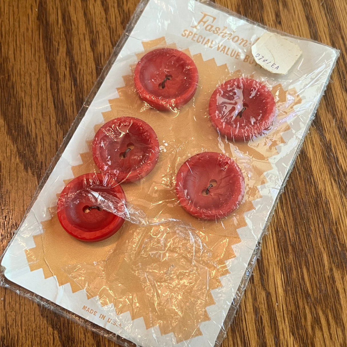 1960’s Fashion-Tone Plastic Buttons - Red - 1 1/8" -  on card