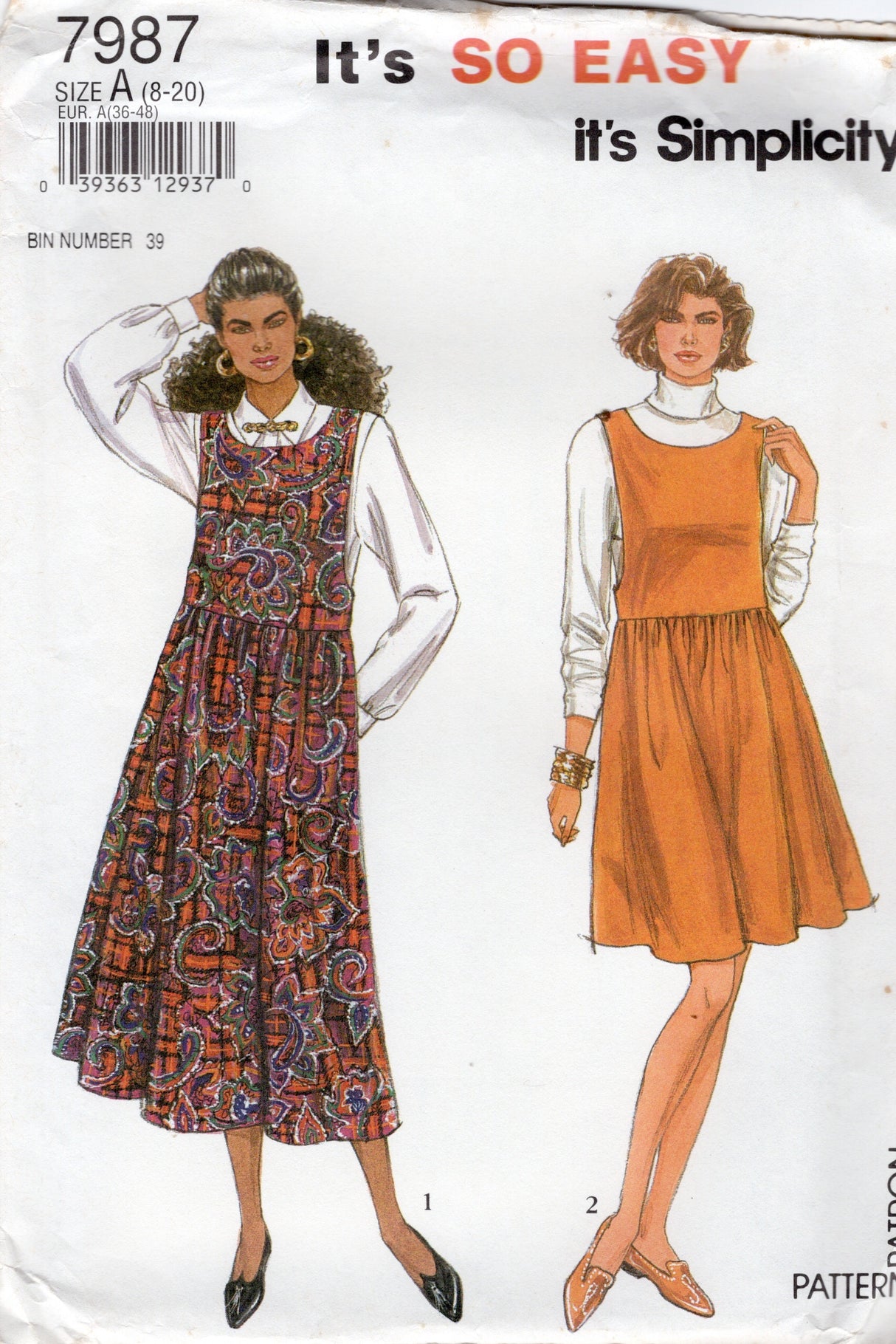 1990's Simplicity Scoop Neck Jumper Dress Pattern - Bust 31.5-42" - No. 7987
