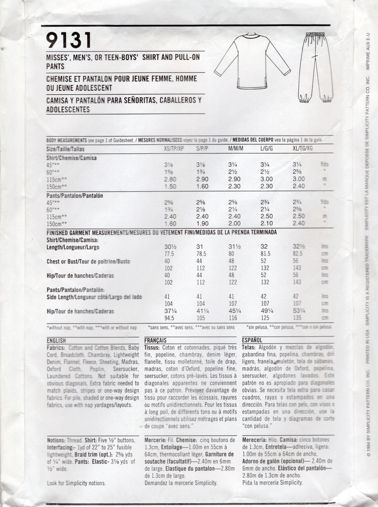 1990's Simplicity Unisex Button Up Shirt and Pants Pattern - Bust 30-46" - No. 9131