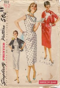 1950's Simplicity One Piece Boat Neck Sheath Dress and Jacket - Bust 30-32" - No. 1117