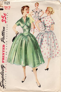 1950's Simplicity Fitted Waist Dress Pattern with V Neck and Gathered Skirt - Bust 34" - No. 1121