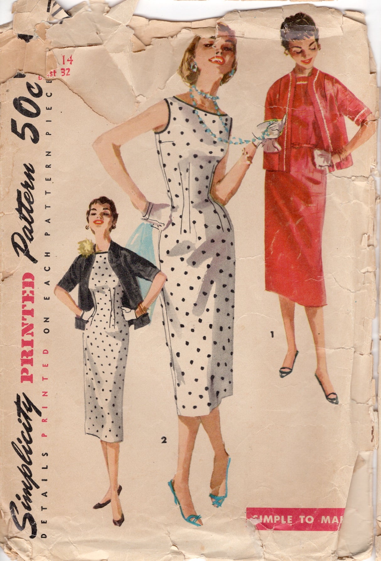 1950's Simplicity One Piece Boat Neck Sheath Dress and Jacket - Bust 30-32" - No. 1117