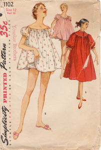 1950's Simplicity Baby Doll Nightgown Pattern in Two Lengths and Panties - Bust 30" - No. 1102