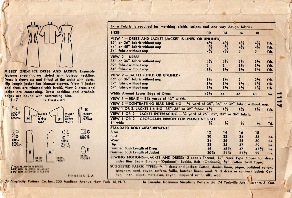 1950's Simplicity One Piece Boat Neck Sheath Dress and Jacket - Bust 30-32" - No. 1117