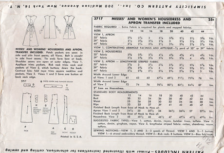 1950's Simplicity Housedress or Apron with patch Pockets - Bust 34" - No. 3717