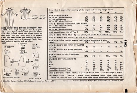 1950's Simplicity Baby doll or Full length Nightgown and Panties pattern – Bust 30" - No. 1102