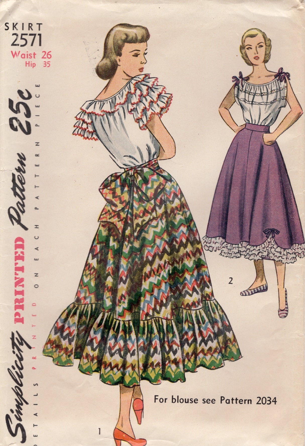 1940’s Simplicity Flared Skirt Pattern with Large Ruffle and Bow - Waist 26” - No. 2571