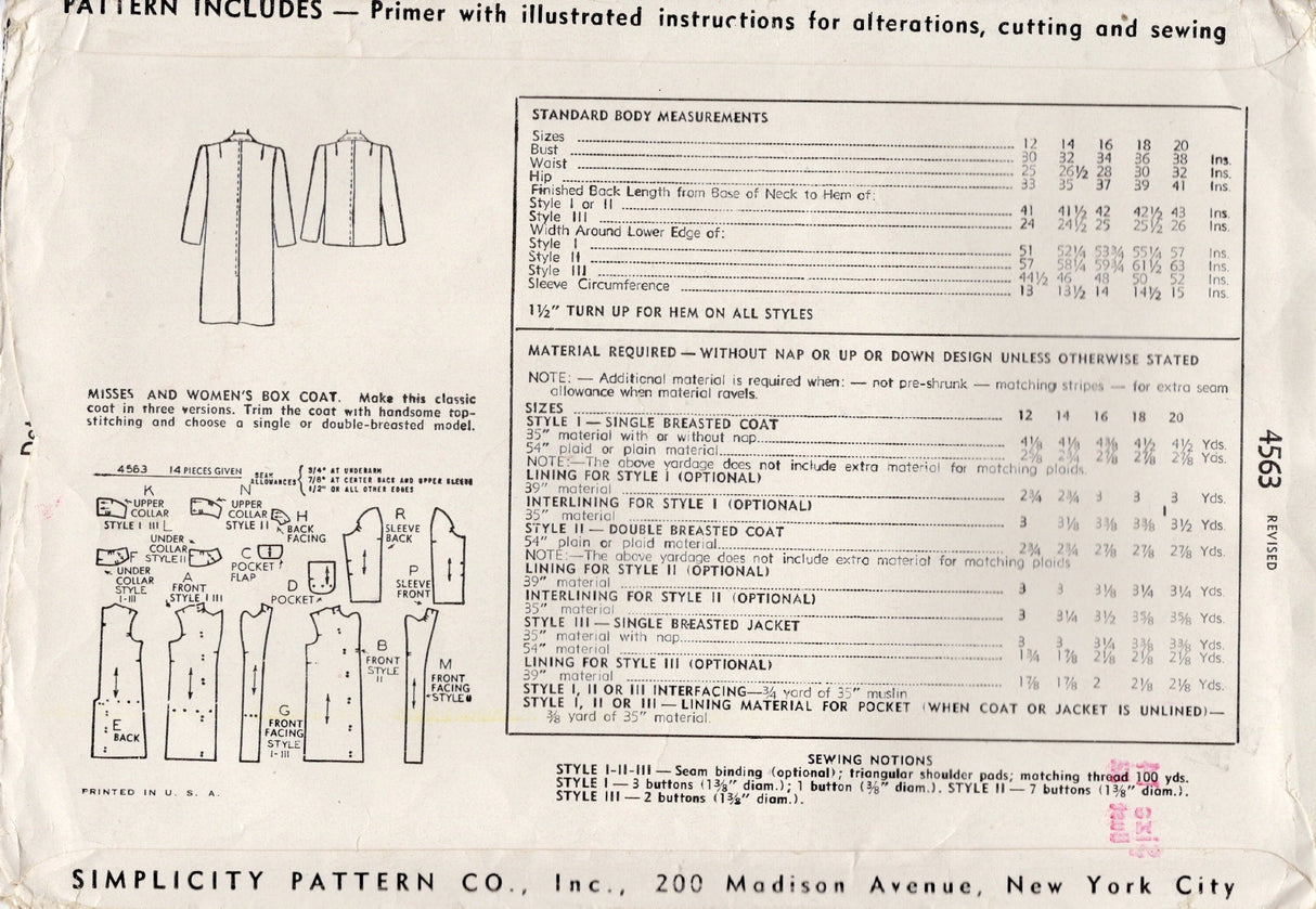 1940’s Simplicity Long or Short Box Coat Pattern - Bust 32” - No. 4563