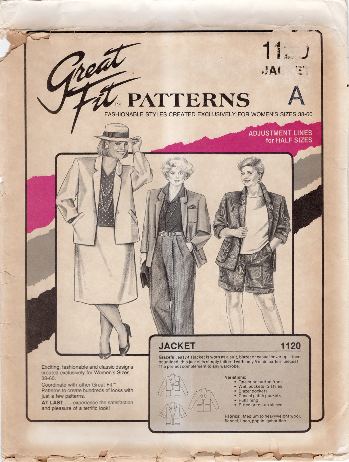1980's Great Fit Single Breasted Jacket pattern - Bust 42-52" - No. 1120