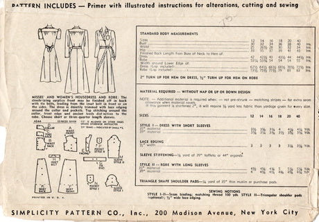 1940's Simplicity Housedress and Robe Pattern - Bust 30" - No. 4544