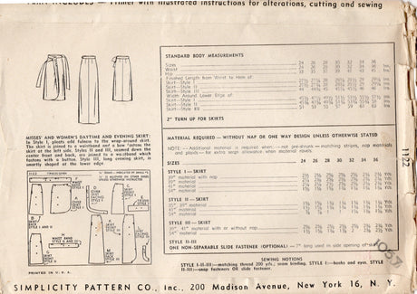 1940's Simplicity Straight or Wrap Skirt Pattern - Waist 26" - No. 1122