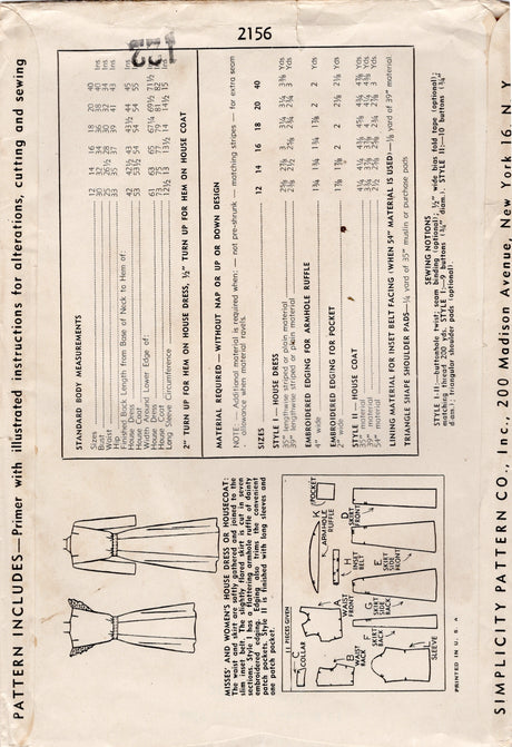 1940's Simplicity Housedress or Housecoat Pattern - Bust 30" - No. 2156