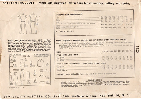 1940's Simplicity Button up dress Pattern with Pockets - Bust 39" - No. 1720