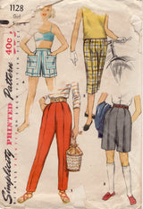 1950's Simplicity Girl's High Waisted Short, Bermuda Shorts, and Pants - Waist 23" - No. 1128