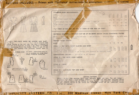 1940's Simplicity Child's Two Piece Dress Pattern with Pleated Skirt - Chest 26" - No. 4508