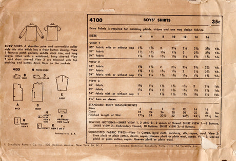 1950's Simplicity Child's Button up Shirt Pattern in Three Styles - Chest 26" - No. 4100