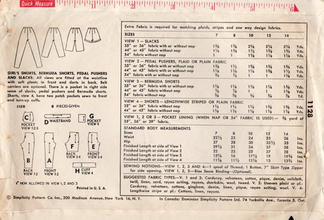1950's Simplicity Girl's High Waisted Short, Bermuda Shorts, and Pants - Waist 23" - No. 1128