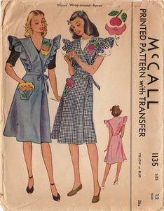 1940's McCall's Wrap-Around Apron with Ruffle Shoulders and Transfers - Bust 30" - No. 1135