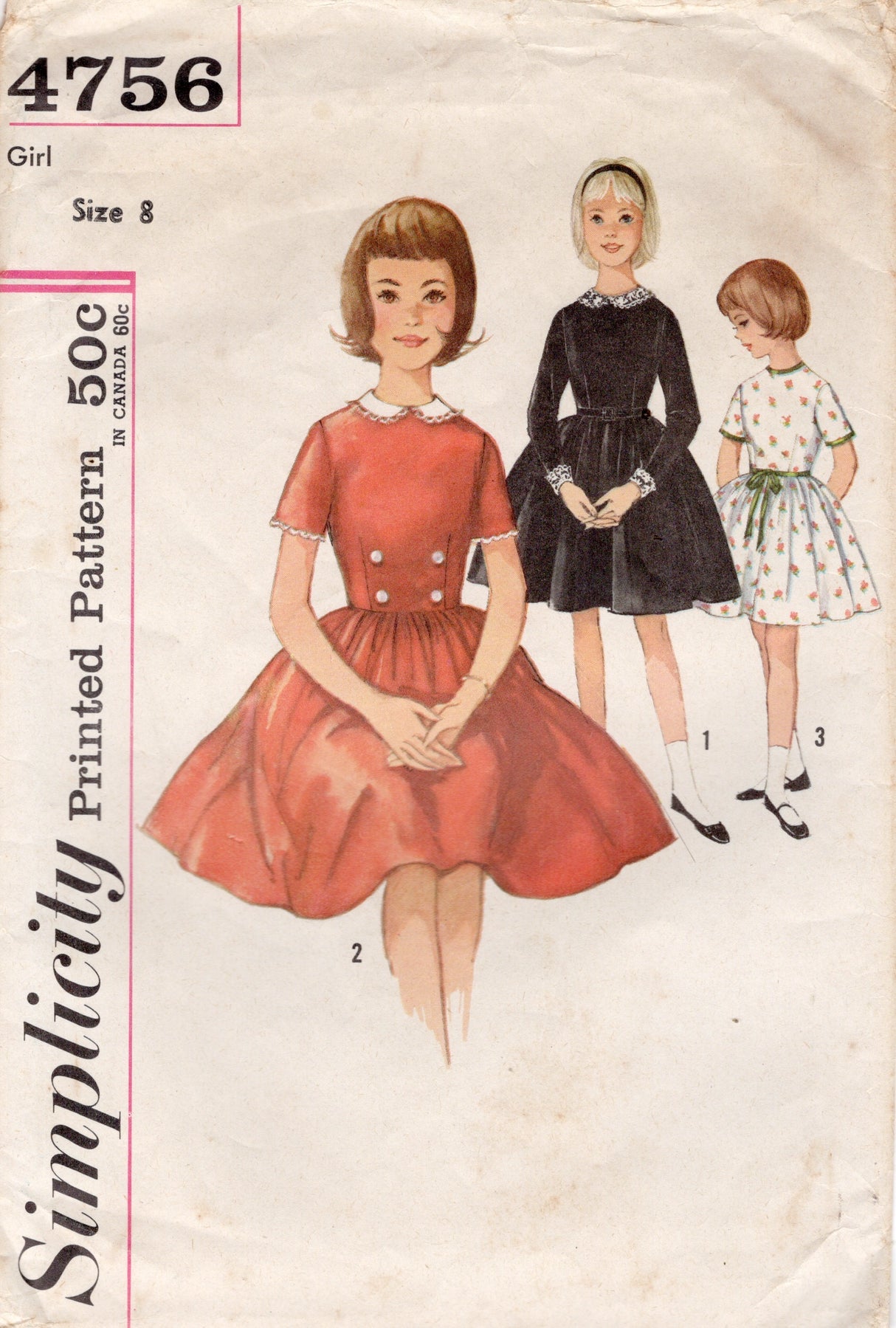 1960's Simplicity Child's Dress Pattern with Button Detail, Detachable Collar and Cuffs - Chest 26" - No. 4756