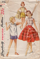 1950's Simplicity Child's Button Up Blouse, Shorts and Circle Skirt Pattern - Chest 30" - No. 1146