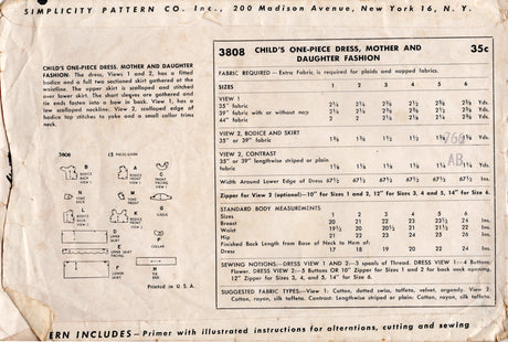 1950's Simplicity Child's Scallop Detail Dress Pattern - Chest 21" - No. 3808