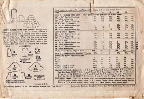 1950's Simplicity Child's Button Up Blouse, Shorts and Circle Skirt Pattern - Chest 30" - No. 1146