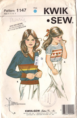 1980's Kwik Sew Girls T-Shirts pattern with Short or Long Sleeves - Chest 23 - 26