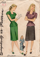 1940's Simplicity Two Piece Peplum Dress Pattern - Bust 34" - No. 1357