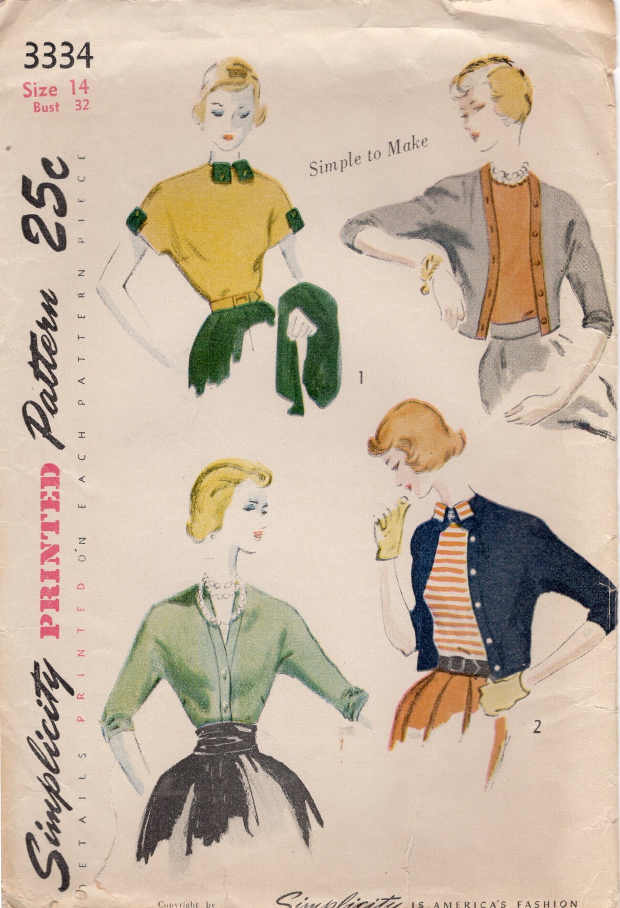 1950's Simplicity Blouse and Jacket Pattern - Bust 32" - No. 3334