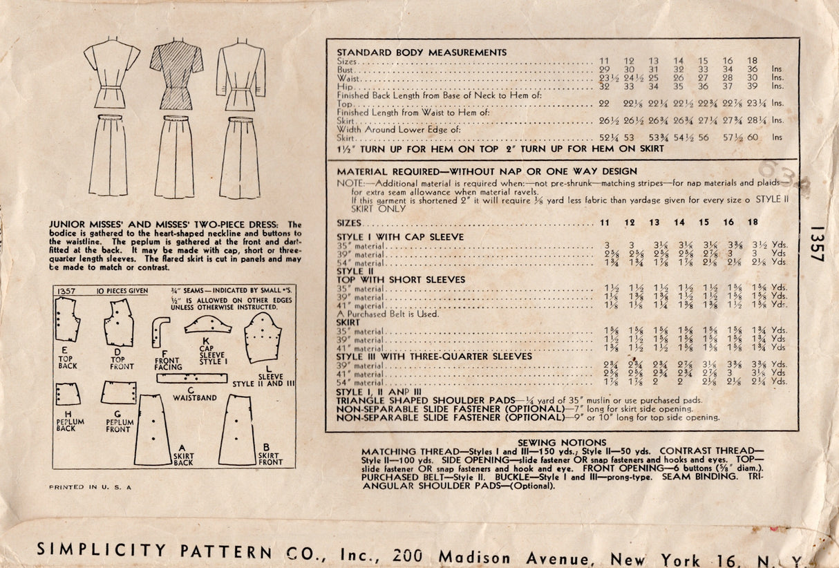 1940's Simplicity Two Piece Peplum Dress Pattern - Bust 34" - No. 1357