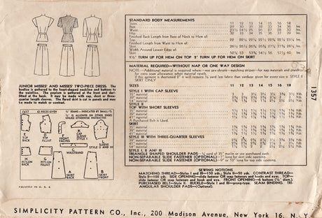 1940's Simplicity Two Piece Peplum Dress Pattern - Bust 34" - No. 1357