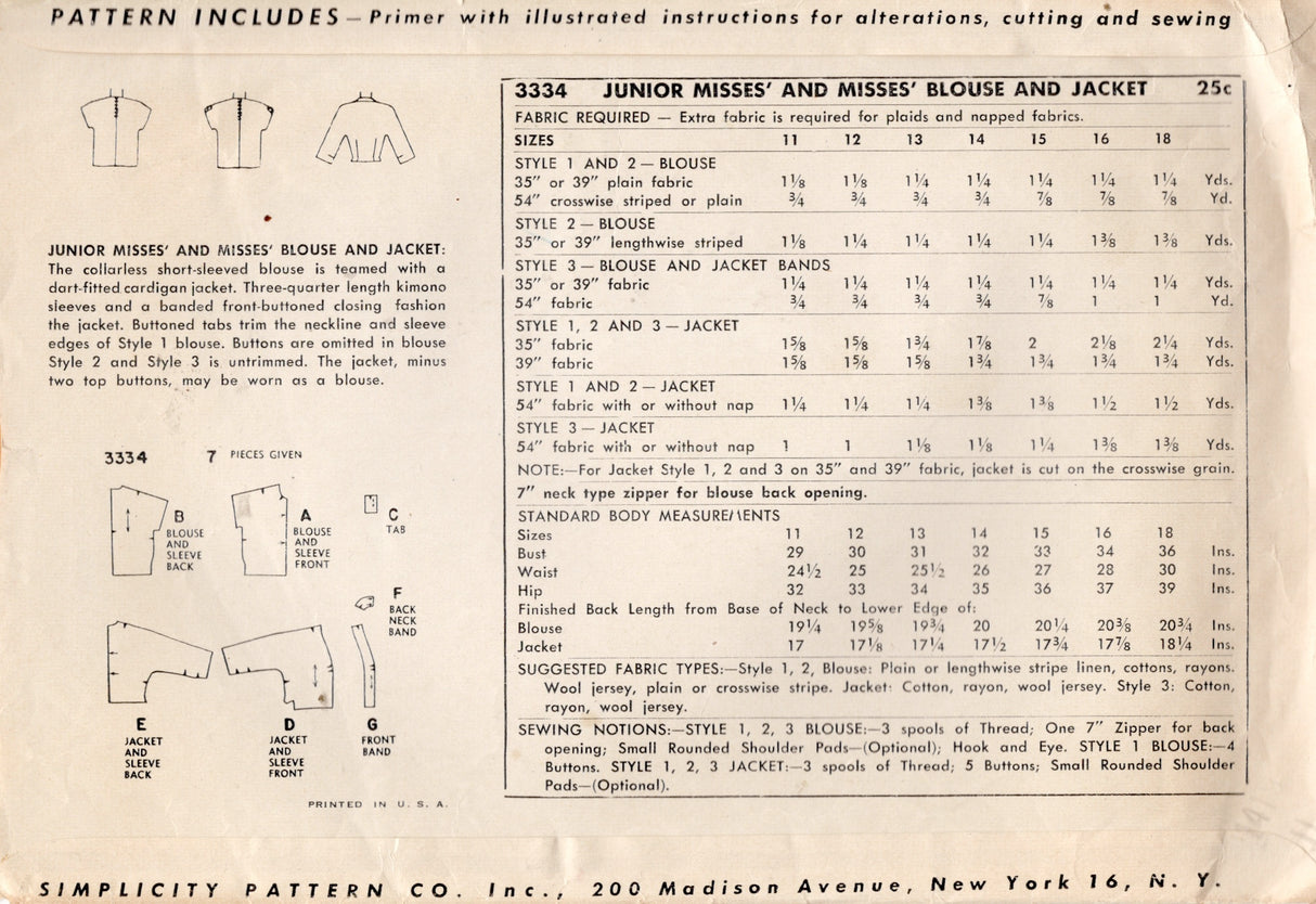 1950's Simplicity Blouse and Jacket Pattern - Bust 32" - No. 3334