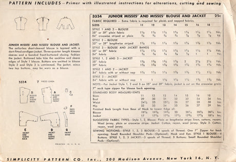 1950's Simplicity Blouse and Jacket Pattern - Bust 32" - No. 3334