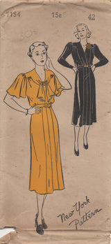 1940's New York Yoked Dress Pattern with Flutter or Long Sleeves - Bust 42" - No. 1154