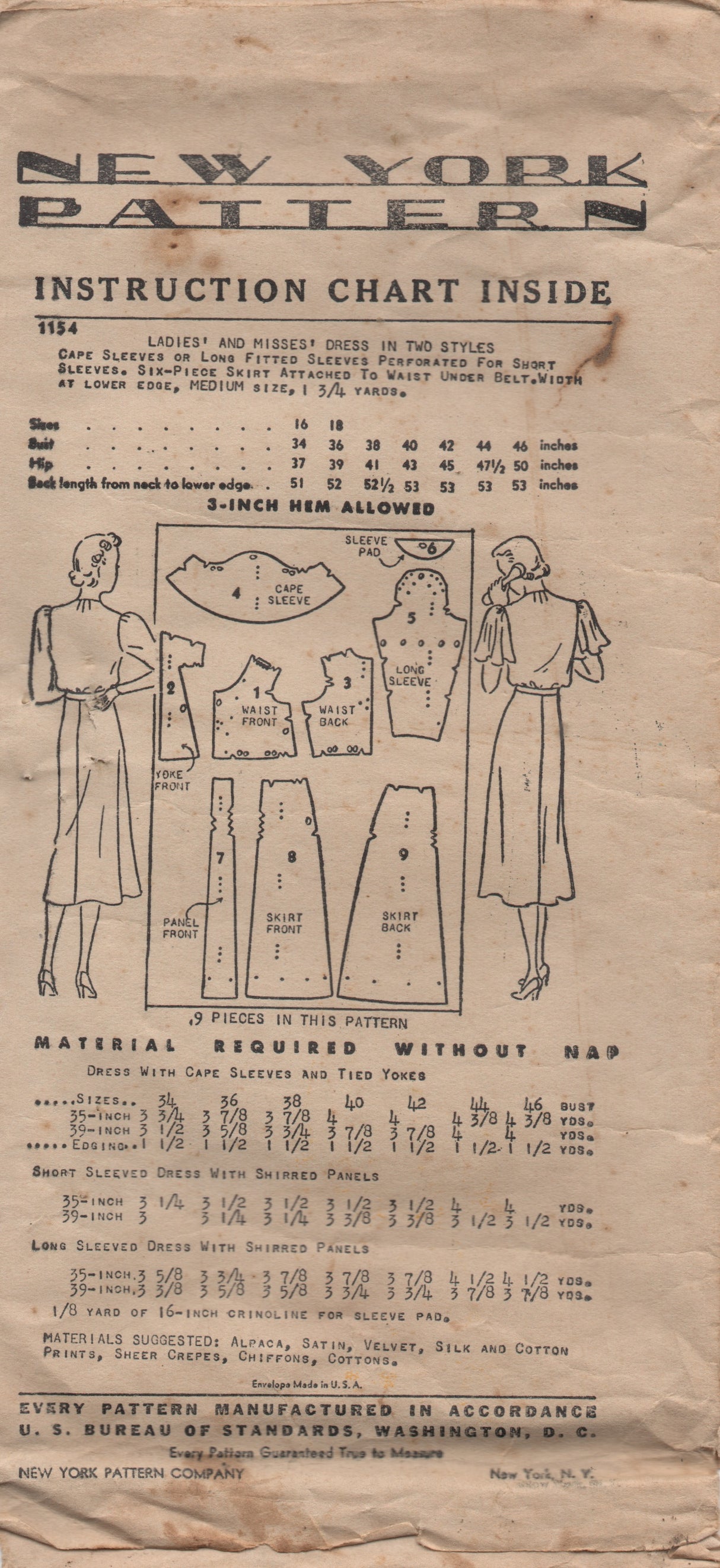 1940's New York Yoked Dress Pattern with Flutter or Long Sleeves - Bust 42" - No. 1154