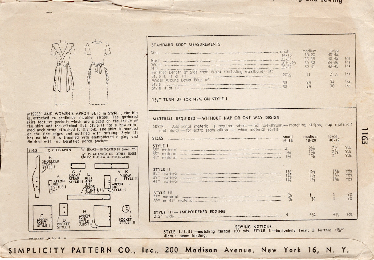 1940's Simplicity Full Apron with Scallop Straps and Pocket Pattern - Bust 32-34" - No. 1163