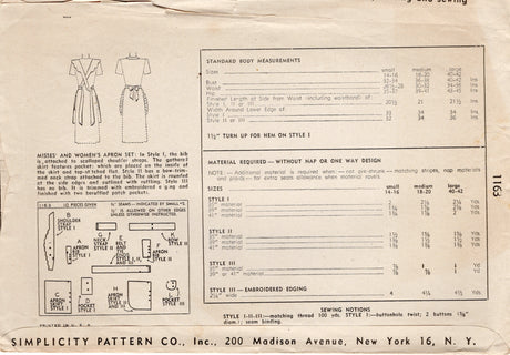 1940's Simplicity Full Apron with Scallop Straps and Pocket Pattern - Bust 32-34" - No. 1163