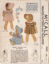 1940's McCall Child's Smocked Front Dress with Peter Pan Collar, Puff Sleeve and Bonnet Pattern - Chest 19" - No. 1164