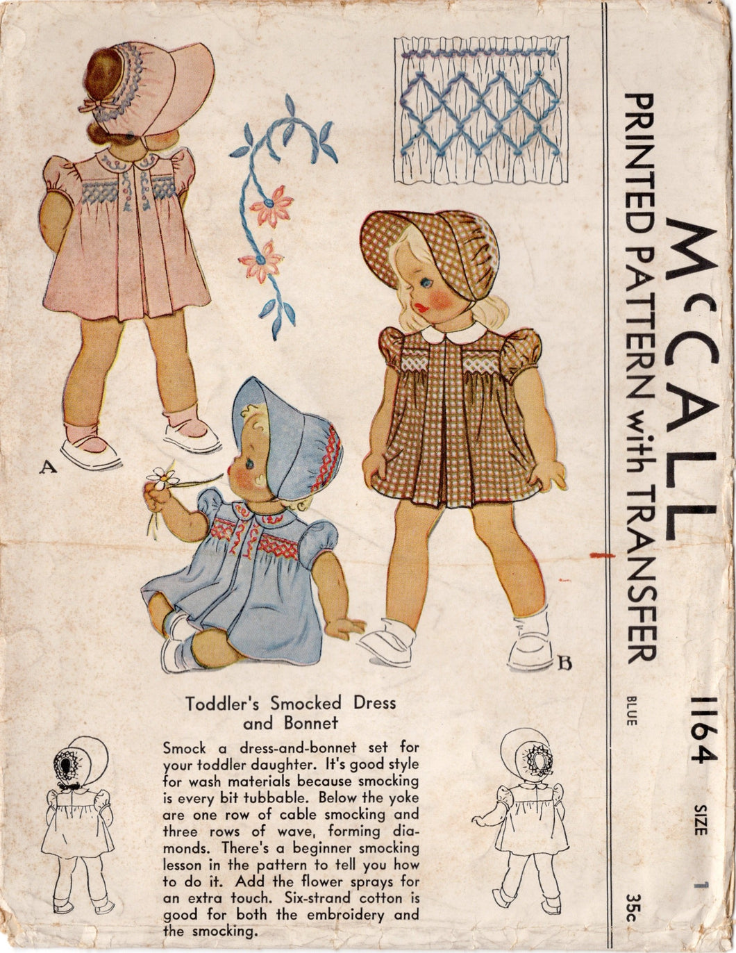 1940's McCall Child's Smocked Front Dress with Peter Pan Collar, Puff Sleeve and Bonnet Pattern - Chest 19