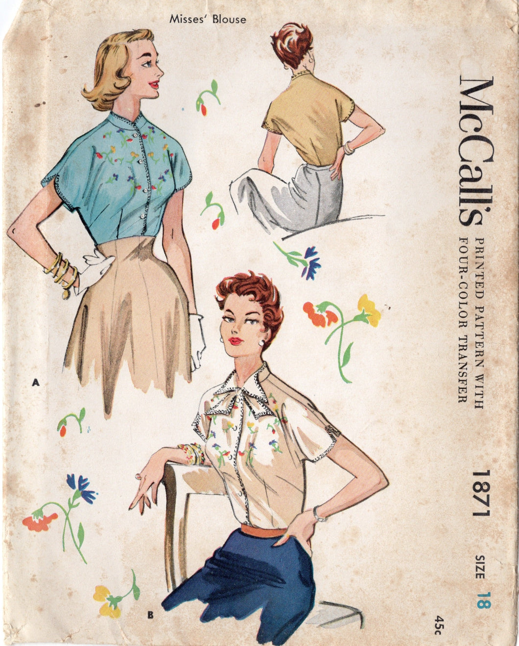 1950's McCall's Mandarin Collar Button Up Blouse and Transfer Pattern - Bust 36