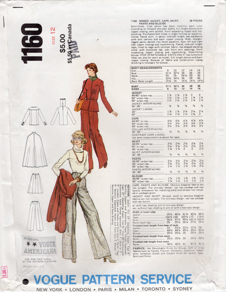 1970's Vogue Americana Blouse, Skirt, Pants, Jacket and Cape Pattern - Bust 34" - no. 1160