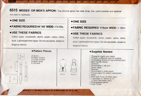 1980's Simplicity Beginner's Apron Pattern - OS- No. 6515