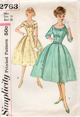 1950's Simplicity One Piece Dress with Low Round Neckline and Bow Accents - Bust 36