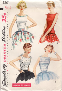 1950’s Simplicity Boat Neck Blouse Pattern in four styles - Bust 33" - No. 1201