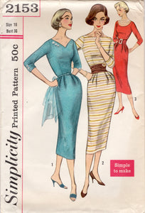 1950's Simplicity  Sheath Dress Pattern with V neck, Boat Neck or Scoop Neck - Bust 36" - No. 2153
