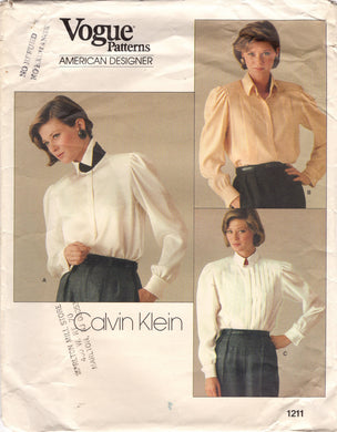 1980's Vogue CALVIN KLEIN Button Up Blouse Pattern with pintucks - Bust 32.5