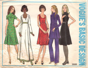 1970's Vogue Basic One Piece Princess Line Maxi or Midi Dress Pattern and Straight Leg Pants - Bust 36" - No. 2600