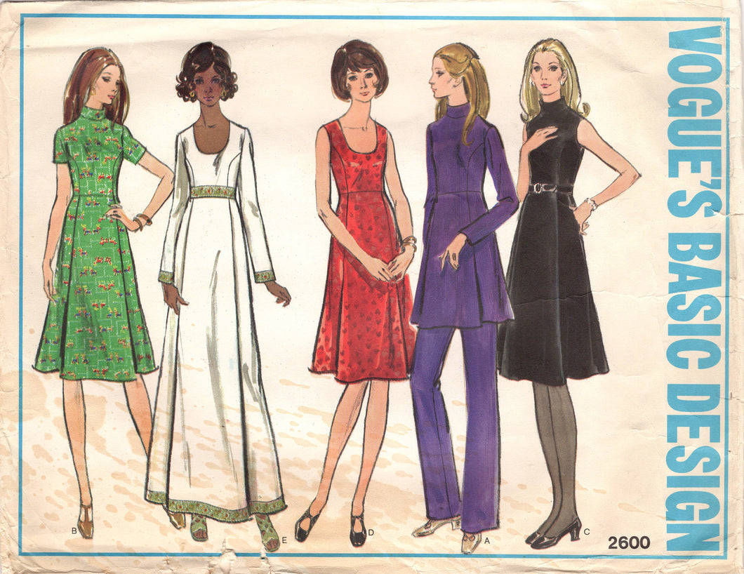 1970's Vogue Basic One Piece Princess Line Maxi or Midi Dress Pattern and Straight Leg Pants - Bust 36