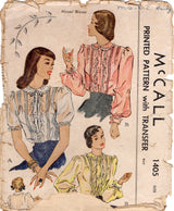 1940's McCall Pin Tucked Button Up Blouse Pattern - Bust 32" - No. 1405